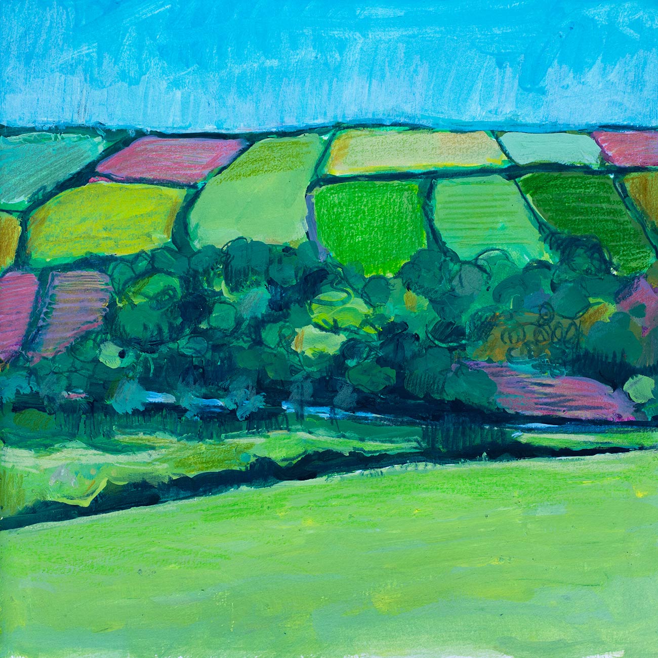 Bocage in Cotentin, 25cm x 25cm, Gouache und Buntstift, Skizzenbuch