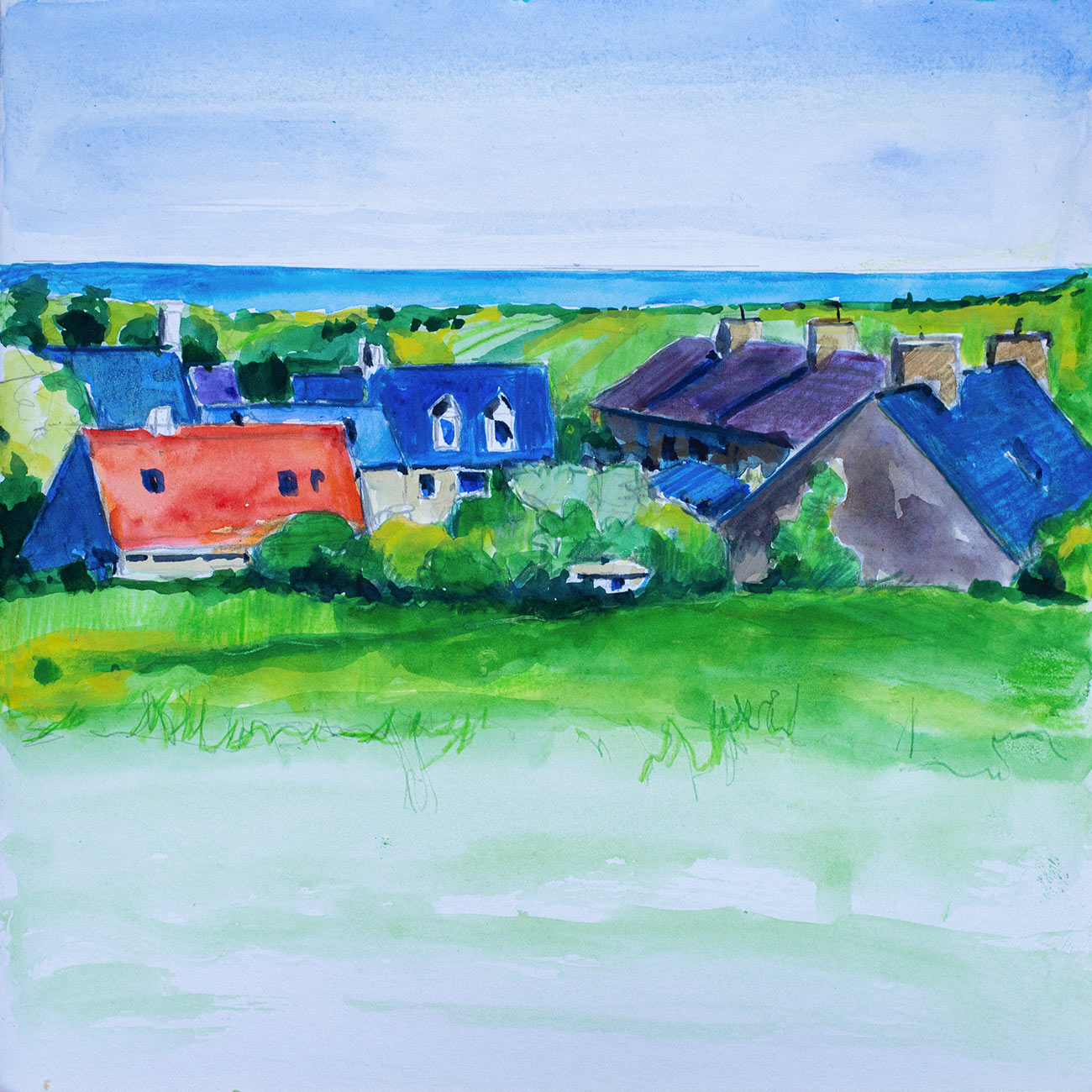 Ecalgrain, 25cm x 25cm, Aquarell und Buntstift, Skizzenbuch