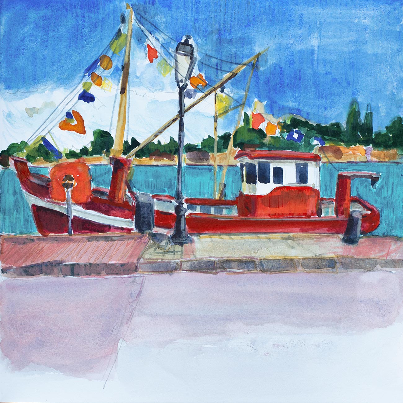 Port de Honfleur, 25cm x 25cm, Aquarell und Buntstift, Skizzenbuch